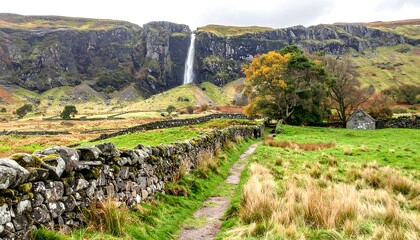 A scenic landscape featuring a dramatic waterfall cascading down a rocky cliff face, with a stone wall and path in the foreground
