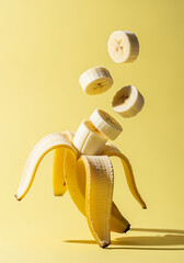 Flying bananas on yellow background. Minimal food concept. Creative idea.