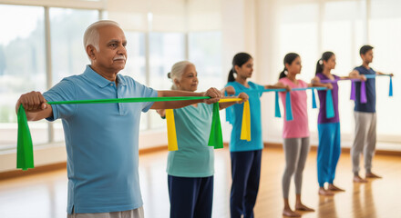 Multi-generational group exercising with resistance bands in a bright studio