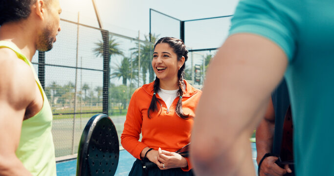 Smile, padel team and discussion with people on court for support, tournament and fitness. Tennis player, training and bonding with friends, partner and challenge for competition and sport workout - Powered by Adobe
