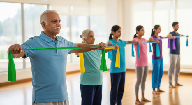 Multi-generational group exercising with resistance bands in a bright studio