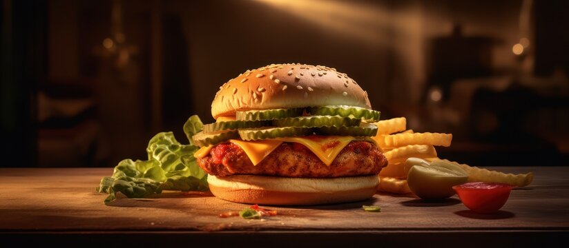 hamburger, cheeseburger, fast food, bun, patty, tomato, lettuce, cheese, ketchup, mustard, rustic wooden table, dark moody lighting, close-up