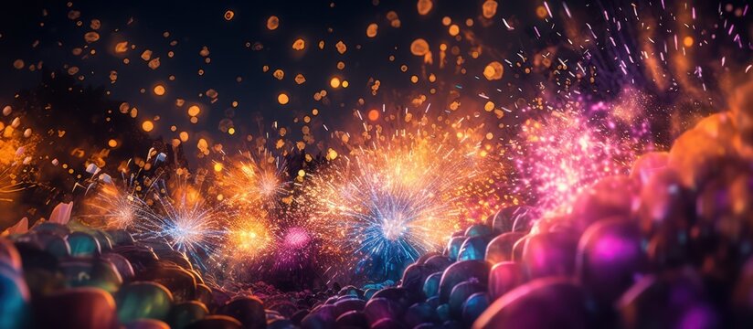 detailed cinematic fantasy fireworks display, dramatic fiery explosions, vibrant colors, glowing particles, intricate patterns, awe-inspiring scale, crowd silhouettes, dynamic motion, moody atmosphere
