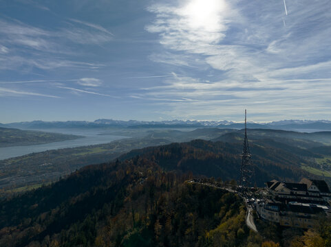 Aerial view of beautiful Swiss autumn landscape seen from local mountain Uetliberg on a sunny autumn day. Photo taken October 29th, 2025, Zurich Uetliberg, Switzerland.