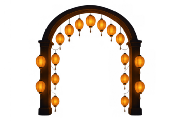 Oriental arch creating an entrance or frame, decorated with glowing traditional paper lanterns for cultural festivals and celebrations