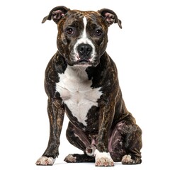 A seated dog poses, looking directly at the viewer. The medium-sized canine has a brindle coat with white markings. It sits centered against a plain backdrop