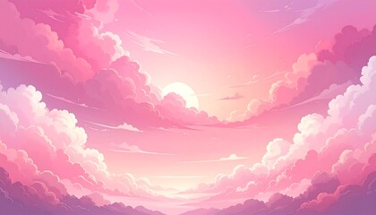 A serene, cartoonish vista of a sunset or sunrise, with soft pink and purple clouds surrounding a bright, circular sun