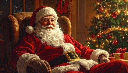 Santa Claus in armchair beside Christmas tree and fireplace with snowy window view showcasing festive warmth and holiday tradition