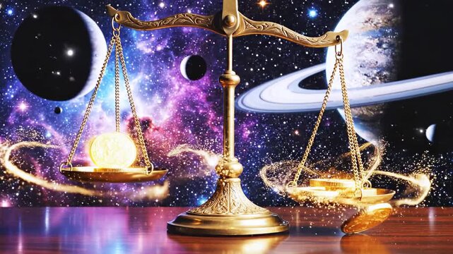 A celestial scale balances luminous objects against a cosmic nebula with planets