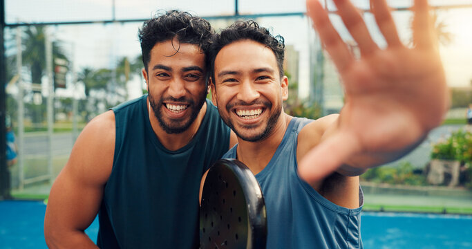 Fitness, POV or men in tennis court with selfie, friends or digital memory of padel game. Smile, portrait or team outdoor with bat, training support or moment capture for social media update. - Powered by Adobe