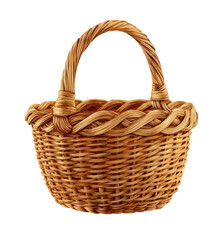 Woven basket, light brown, with handle. Studio lit on a black background