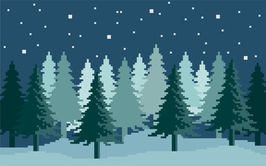 Pixel Art of Winter Forest Under a Starry Night. Season greeting illustration.