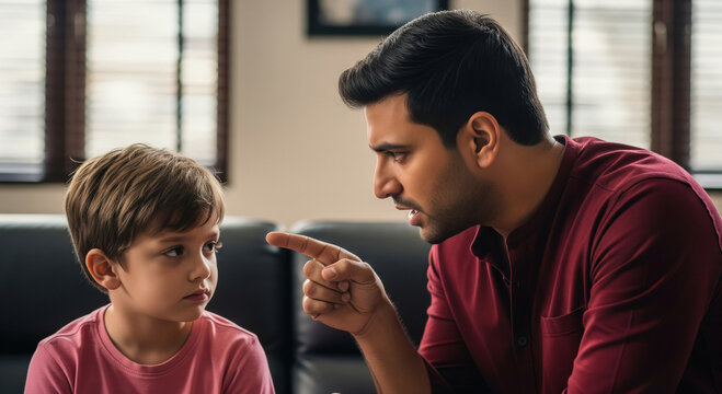 Father scolding young son, teaching discipline at home.