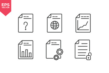 Set of line icons related to question file, global document, performance file, statistical report, document processing, unlocked document. Editable stroke. Vector illustration