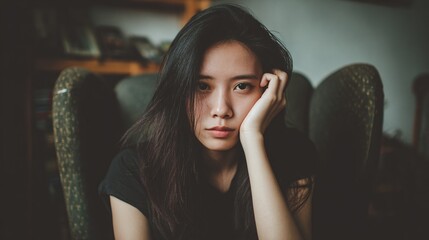 Introspective portrait of a woman with long, dark hair sitting in a chair, looking thoughtfully into the camera, with a hint of melancholy in her eyes. Capturing a moment of quiet reflection.