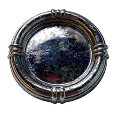 Round, shiny chrome emblem with dark center on a black background