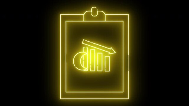 Yellow neon sign clipboard declining bar graph downward arrow on black background