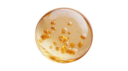 Golden sphere with floating granules, shiny surface on black backdrop