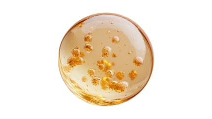 Golden sphere with floating granules, shiny surface on black backdrop