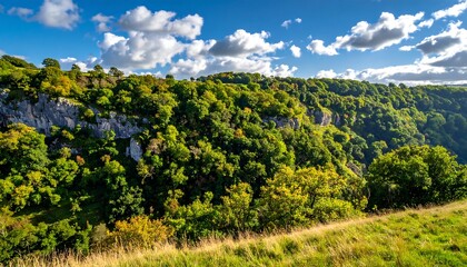 A scenic landscape featuring a cliffside with lush green trees and a vibrant blue sky filled with fluffy white clouds