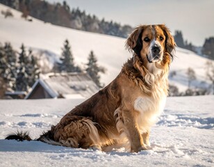 A seated dog, sporting brown and white fur, gazes at the viewer. A snowy vista provides the backdrop of trees, landscape, and a roofed structure