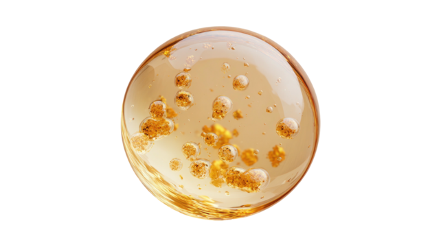 Golden sphere with floating granules, shiny surface on black backdrop