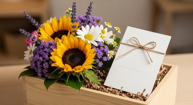 Rustic Summer Floral Gift Box with Sunflowers  Card.