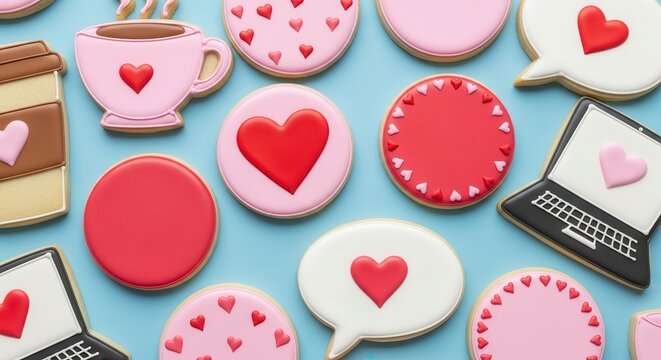 Valentines Love Cookies Flat Lay Hearts Tech Coffee.
