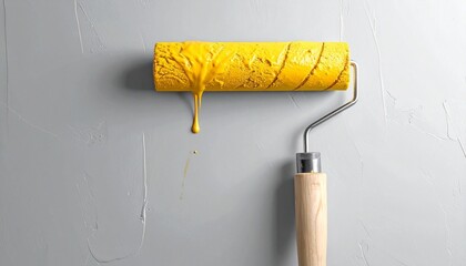 Yellow paint roller with spiral texture and black handle resting against light wall showcasing home improvement and minimal design