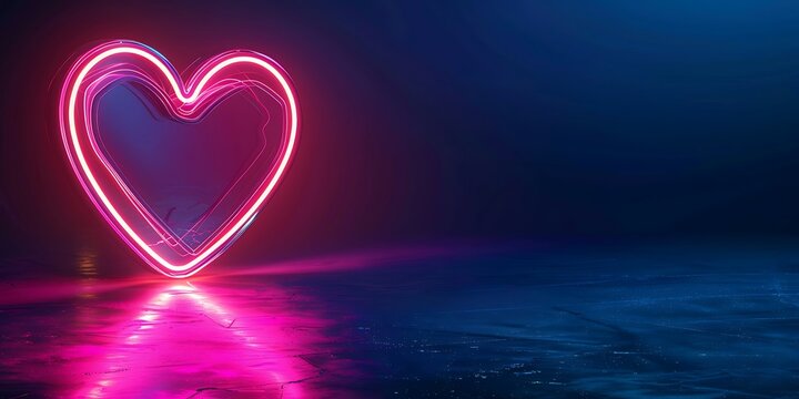 Vibrant pink neon heart glowing on a dark, reflective surface with a moody blue background