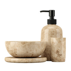 Marbled bathroom set bowl, soap dispenser, and glass