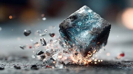 A cube shatters, emitting sparks and debris.