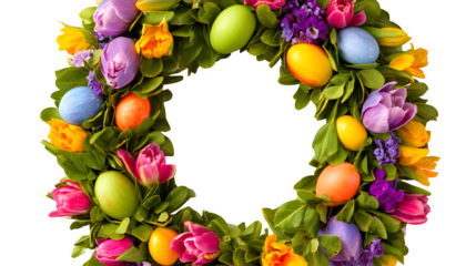 Easter Wreath with Tulips and Eggs, isolated on transparent background