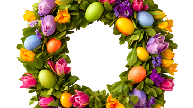 Easter Wreath with Tulips and Eggs, isolated on transparent background - Powered by Adobe