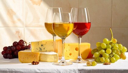 Wine glasses with assorted cheeses and grapes on white surface showcasing gourmet pairing and culinary elegance