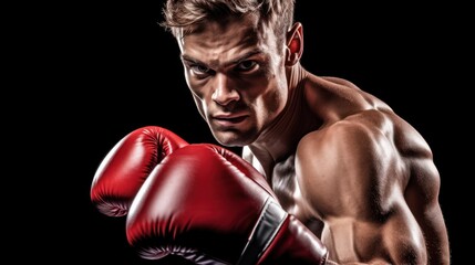 closeup of a shirtless muscular man wearing red boxing gloves, intense facial expression, dramatic lighting, dark background, dramatic cinematic style, realistic, high contrast, cinematic, moody
