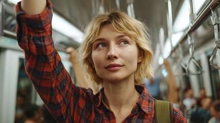 Focused woman with wavy blonde hair and a red flannel shirt commuting on the train. She looks up with a slight smile as she holds onto the train railing during her ride.