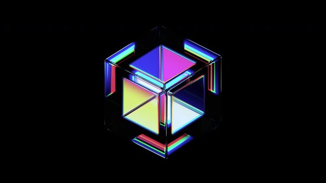Abstract animation, futuristic glass cube on black background, 4k seamless looped video, 3d render