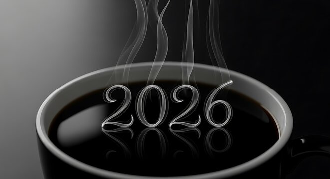 Warm steam rises from a cup of dark coffee with the year 2026 formed by swirling steam.