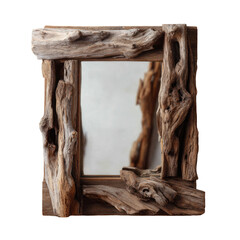 Driftwood frame surrounds blurred mirror with natural, aged texture