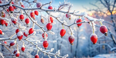 Frosty rose hips hanging from winter-bare branches in a frost-covered garden landscape