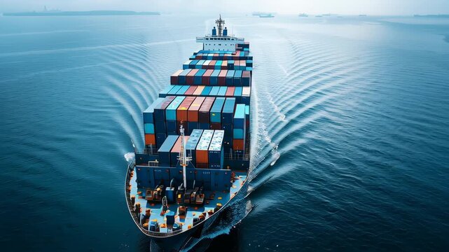 Large cargo ship transporting colorful containers across calm ocean waters
