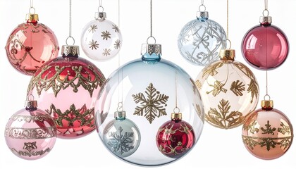 Ten colorful Christmas ornaments with artistic patterns arranged in two rows against festive holiday background