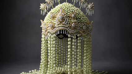 Javanese bridal headdress (paes ageng) adorned with cascading jasmine garlands