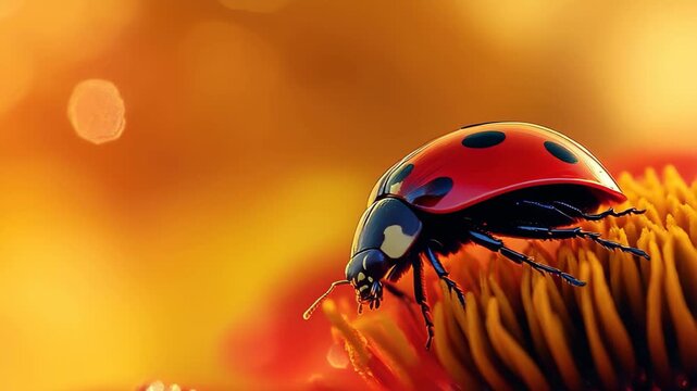 A ladybug with striking red and black spots rests delicately on the petals of a bright red flower, illuminated by soft sunlight in a peaceful garden setting.