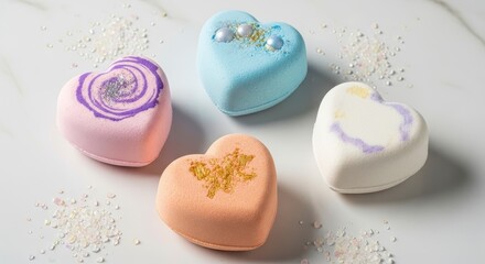 Pastel Heart Bath Bombs on Marble SelfCare Spa.