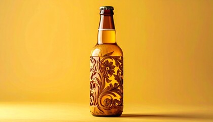 Brown glass bottle with artistic design and yellow cap against solid yellow background showcasing craft packaging
