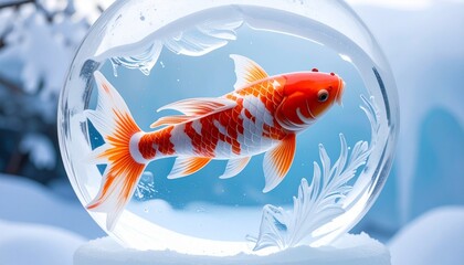 Two koi fish beneath cracked ice with vibrant scales contrasting cold environment in symbolic visual composition