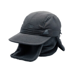Dark cap with ear flaps against black background