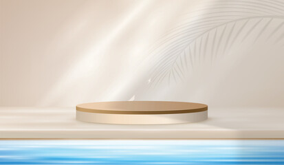 3D podium with soft tropical leaf shadows, water reflection and light reflections. Display pedestal mockup minimal scene empty stage for presentation product cosmetic, stand, showcase, exhibition